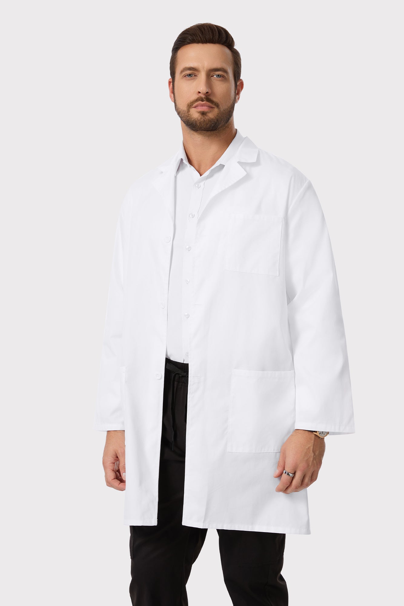 Cozyfit Professional White Lab Coat for Men, Button Front Long Sleeve Doctor Coat with 3 Pockets