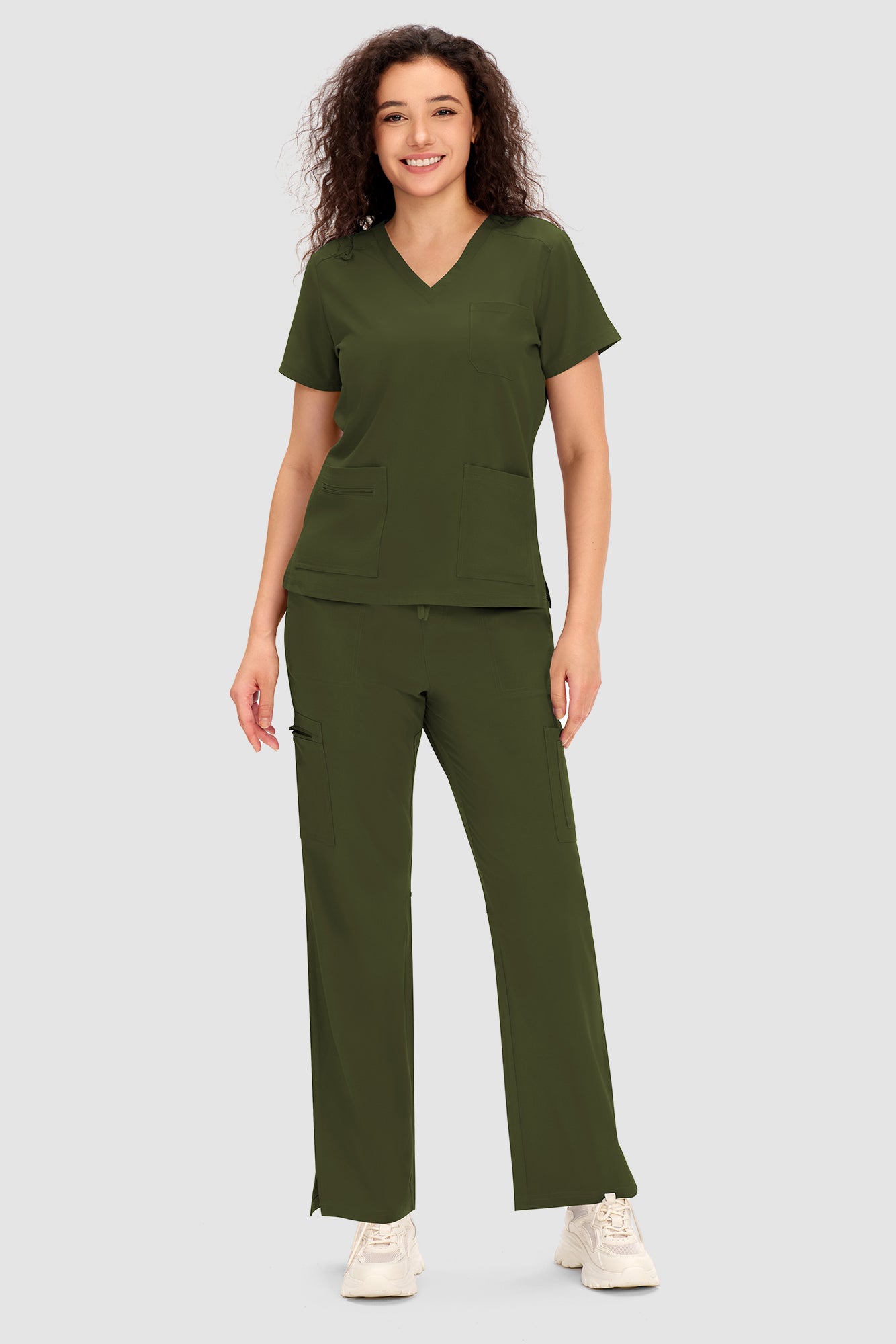 COZYFIT Scrubs for Women - V Neck Top and Bootcut Cargo Straight Pants with 12 Pockets