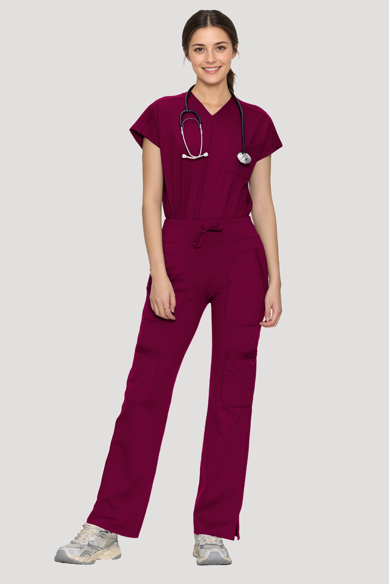 Scrubs for Women Set, V Neck Top & Straight Leg Pants | 6 Pockets, High Elastic Soft Fabric, Drop Shoulder, Slit Hem Yoga Scrub Pants for Easy Movement