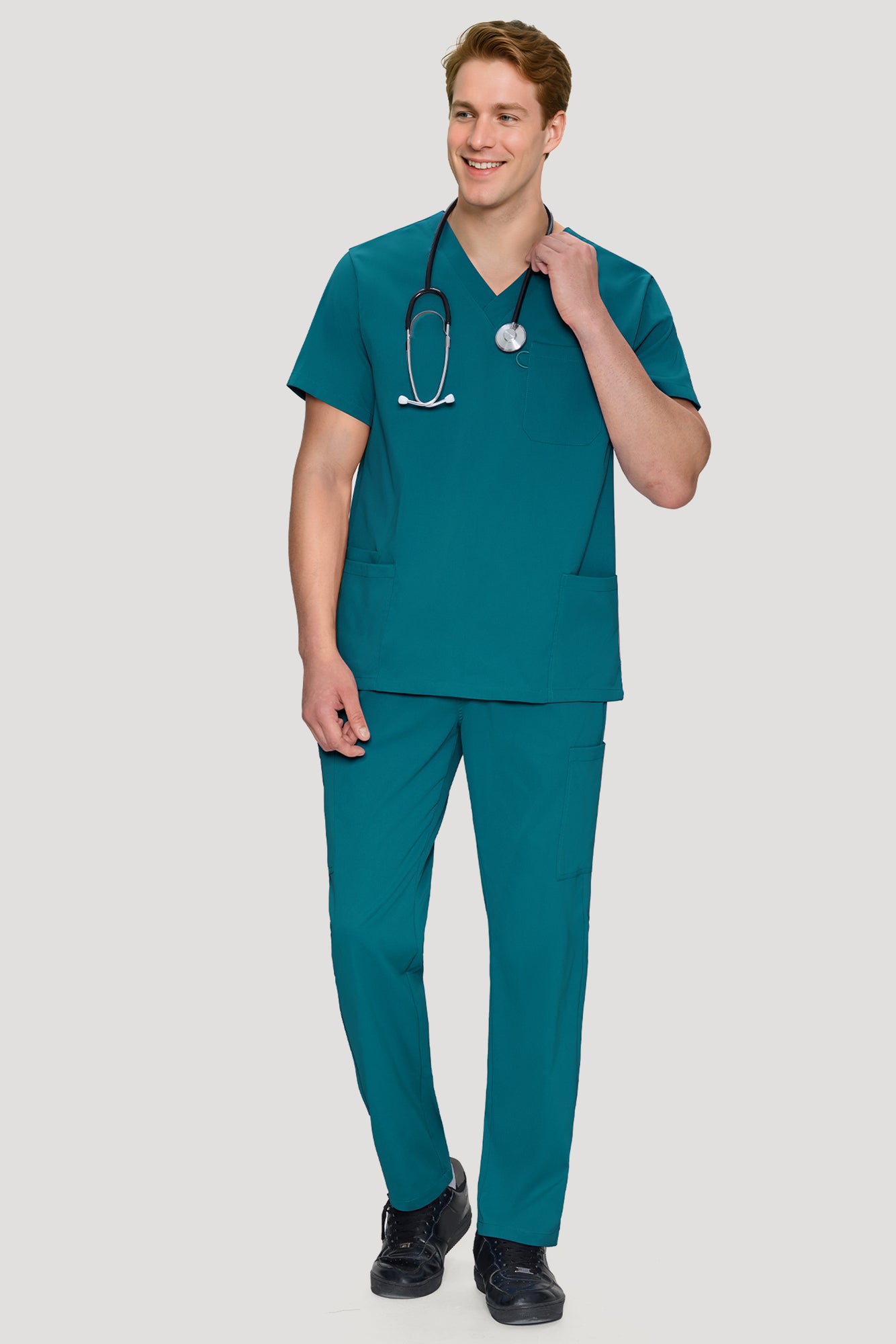 COZYFIT Scrubs for Men Set - V-Neck Scrub Top and Straight Leg Pants with 11 Pockets