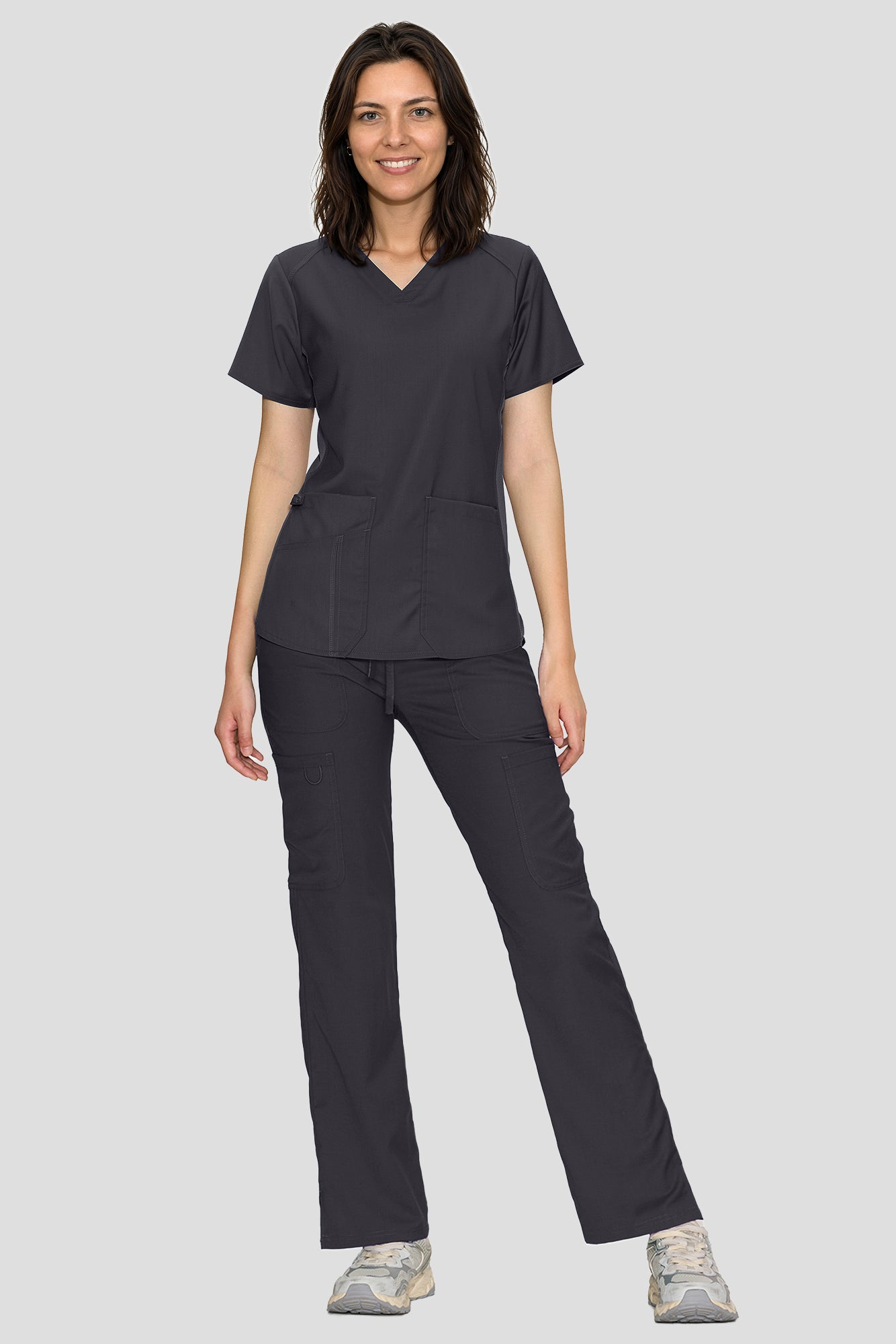 Scrubs for Women Set, V-Neck Top & Straight Leg Cargo Pants. 9 Pockets. Side Ribbed Panels, Side Slits, Ultra-Soft Stretch Fabric, Breathable Medical Uniform for Workwear
