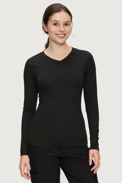 Women's V-Neck Long-Sleeve Underscrub Top, Black, Model Front View