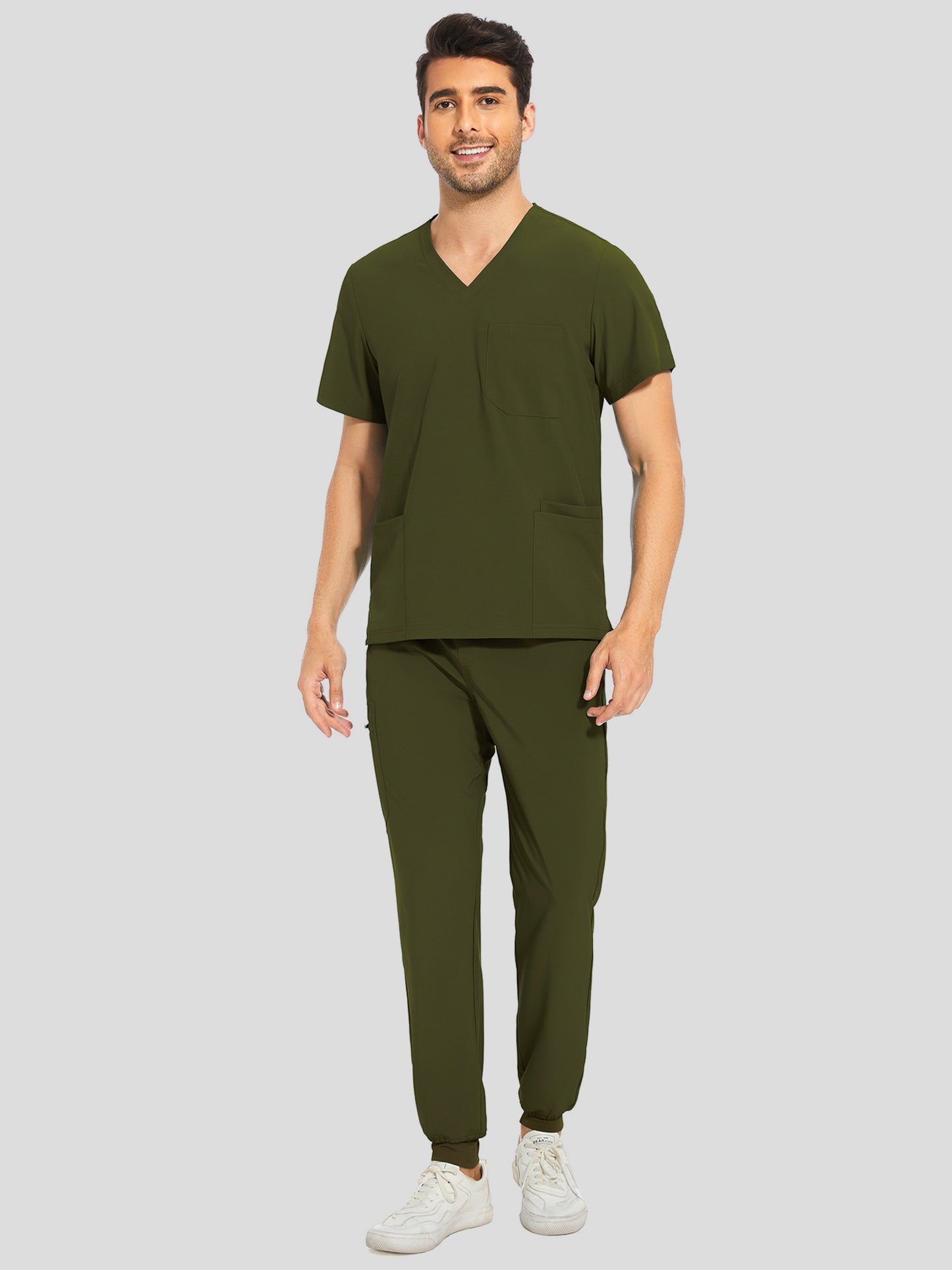 COZYFIT V-Neck Scrub Top & Jogger Pant with 8 Pockets, Yoga Waistband, Anti-Wrinkle Scrubs for Men