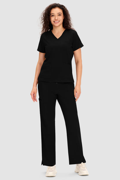 Women's 12-Pocket V-Neck Scrub Set, Black, Full-Length Front View