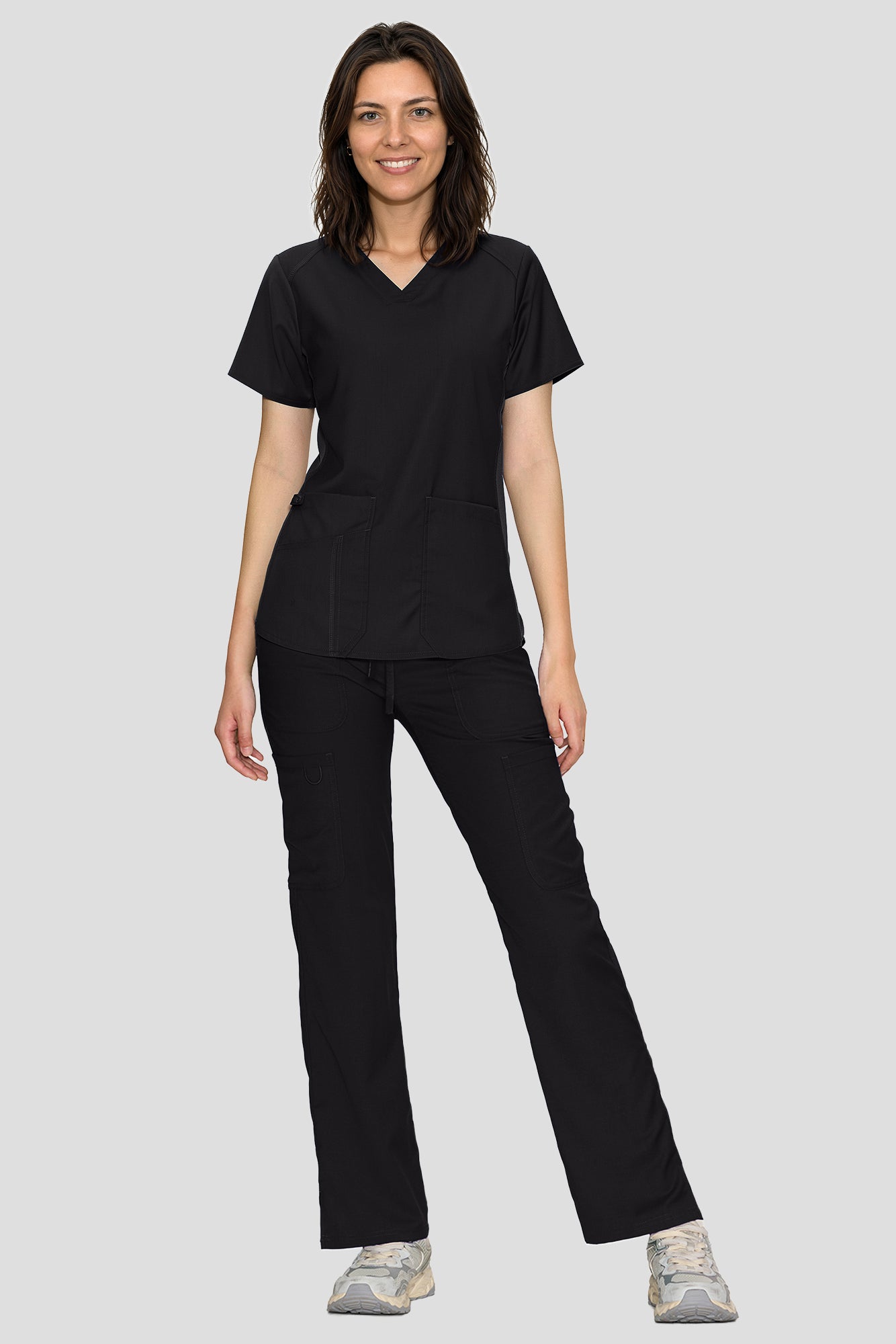 Scrubs for Women Set, V-Neck Top & Straight Leg Cargo Pants. 9 Pockets. Side Ribbed Panels, Side Slits, Ultra-Soft Stretch Fabric, Breathable Medical Uniform for Workwear