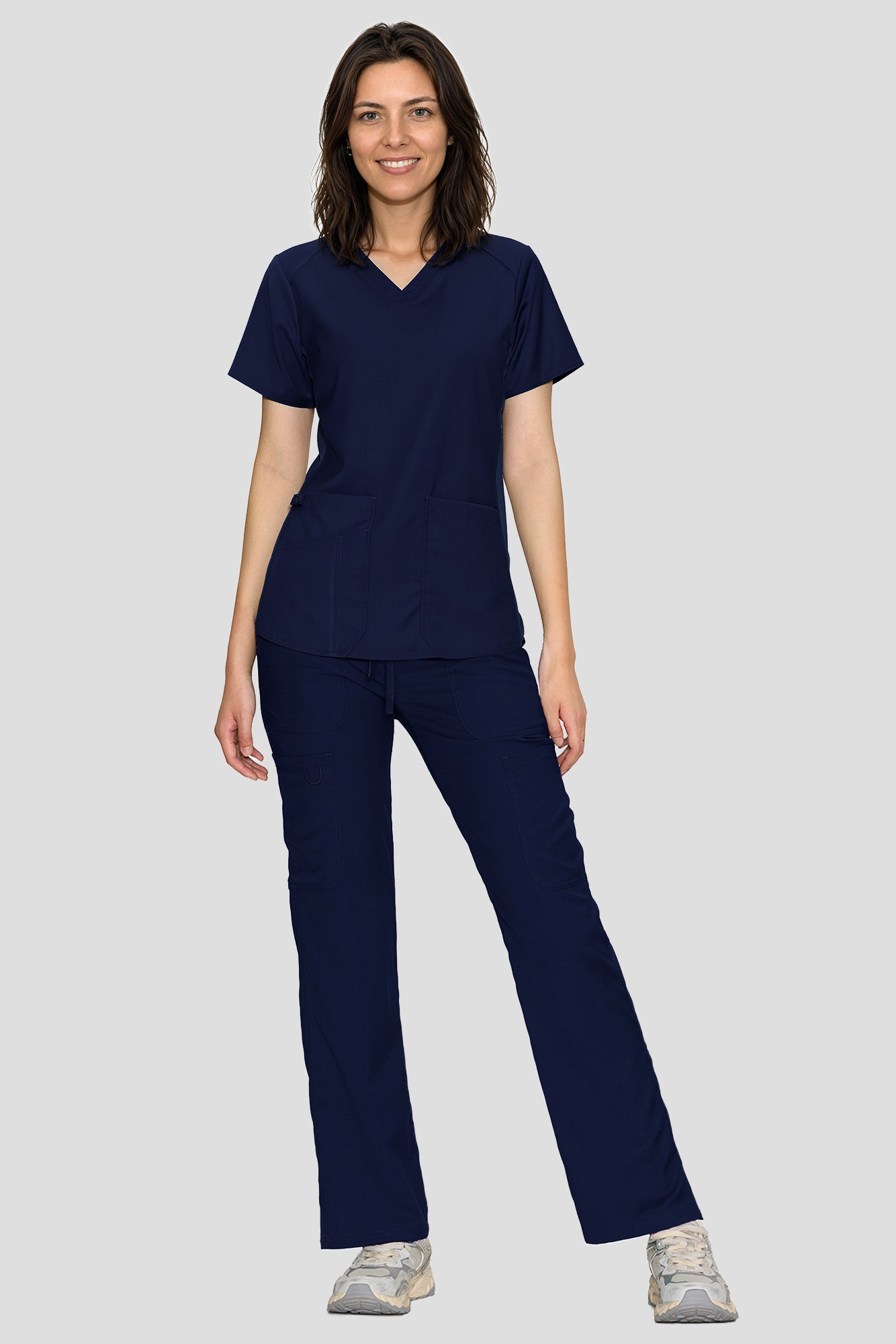 Scrubs for Women Set, V-Neck Top & Straight Leg Cargo Pants. 9 Pockets. Side Ribbed Panels, Side Slits, Ultra-Soft Stretch Fabric, Breathable Medical Uniform for Workwear