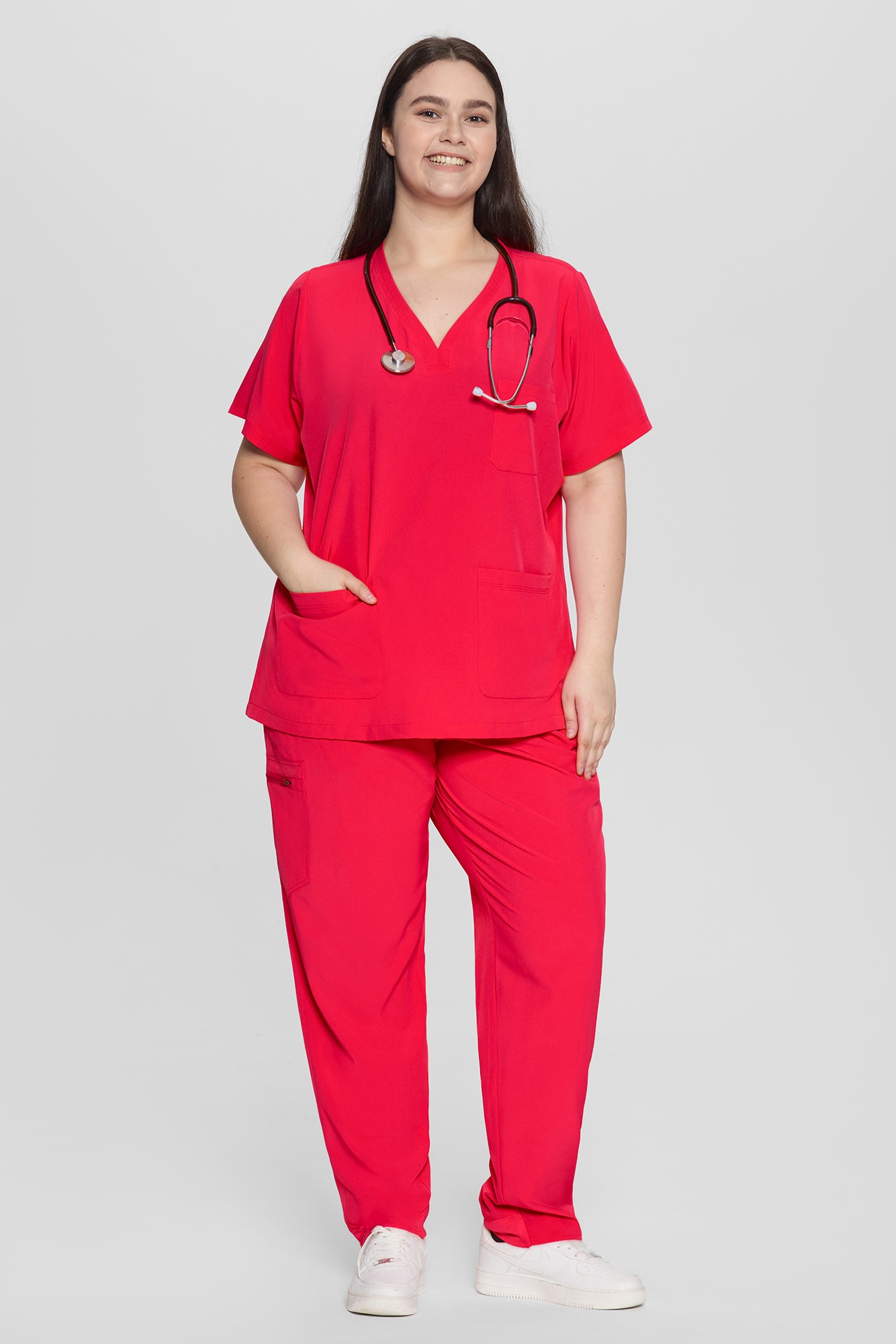 Women's Curved V-Neck 8-Pocket Jogger Scrub Set, Viva Magenta, Full-Length Front View