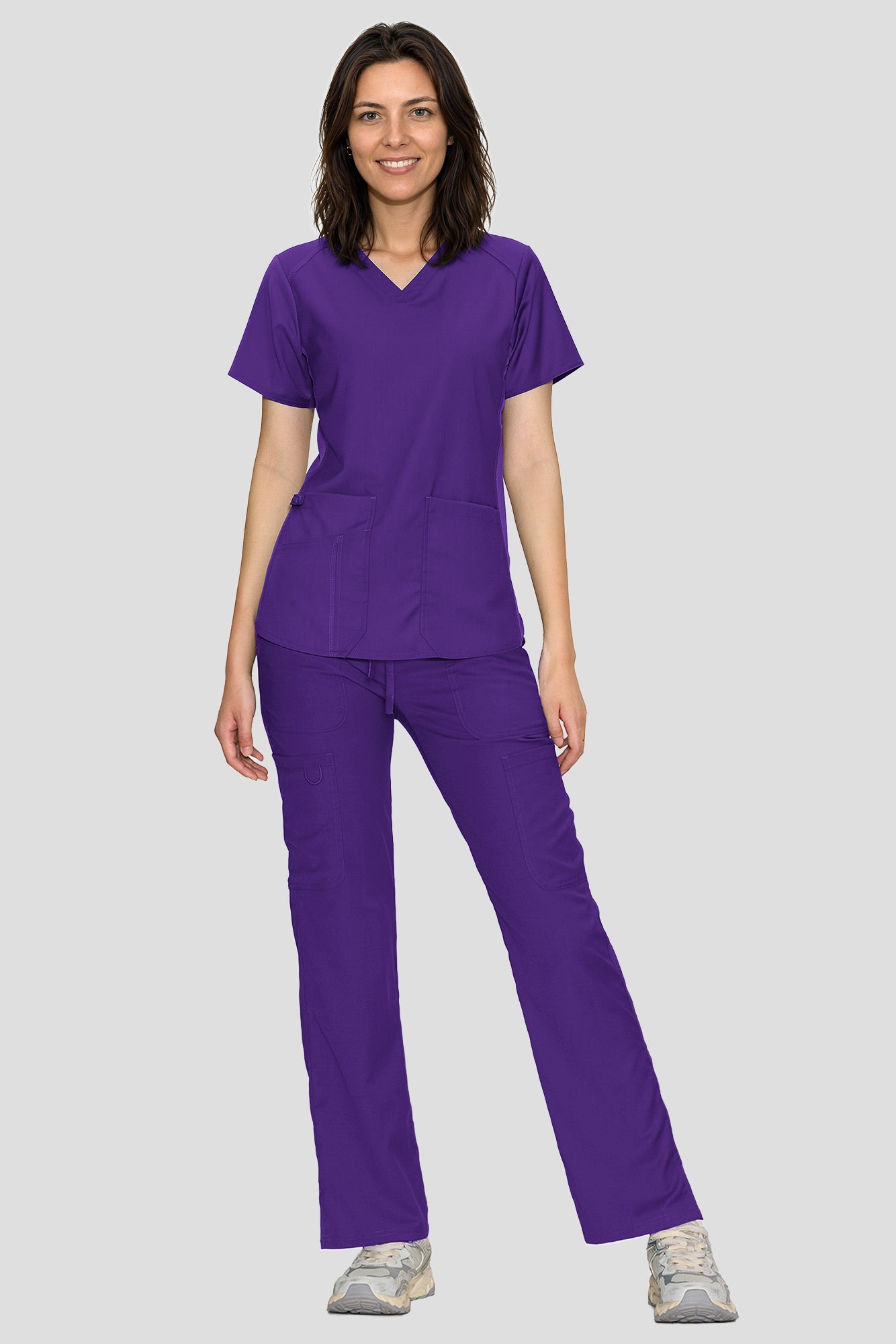 Scrubs for Women Set, V-Neck Top & Straight Leg Cargo Pants. 9 Pockets. Side Ribbed Panels, Side Slits, Ultra-Soft Stretch Fabric, Breathable Medical Uniform for Workwear