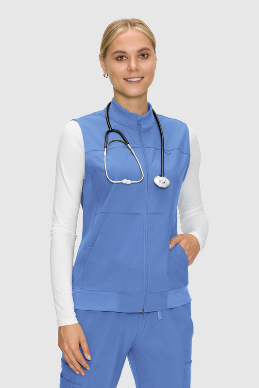 Women's 3-Pocket Scrub Vest, Ceil Blue, Model Front View