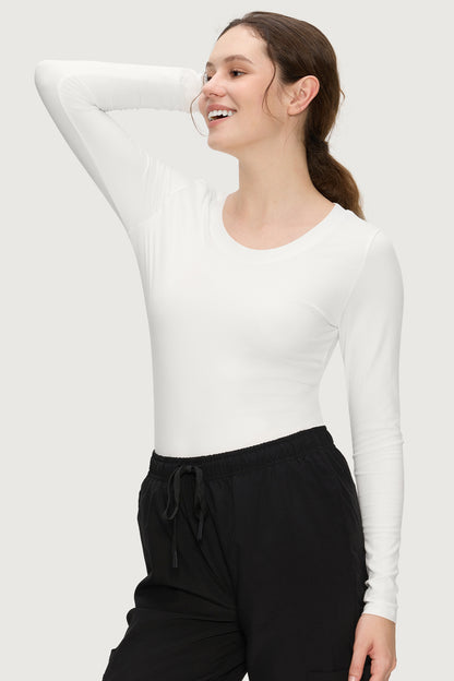 Women's Long-Sleeve Scoop Neck Underscrub Top, White, Model Side View