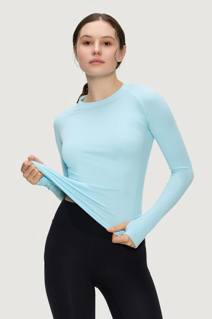 Women's Long-Sleeve Underscrub Top, Baby Blue, Fabric Stretch Detail