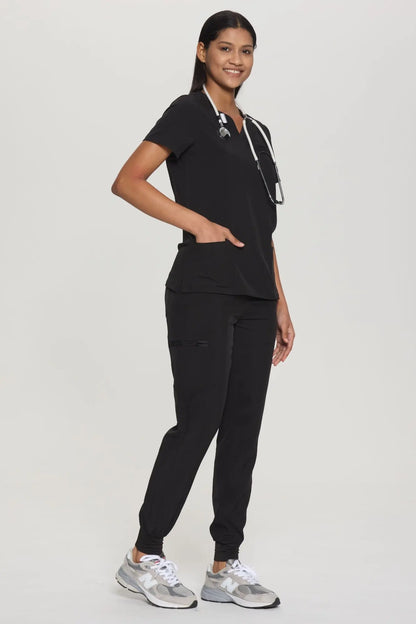 Women's 8-Pocket V-Neck Jogger Scrub Set, Black, Three-Quarter View