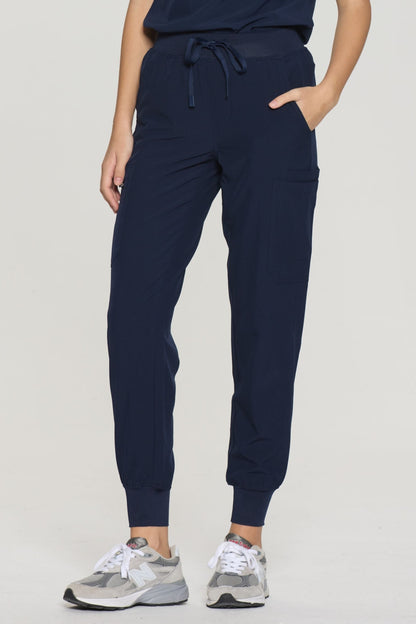 Women's 7-Pocket Cargo Scrub Pants, Navy Blue, Drawstring Detail