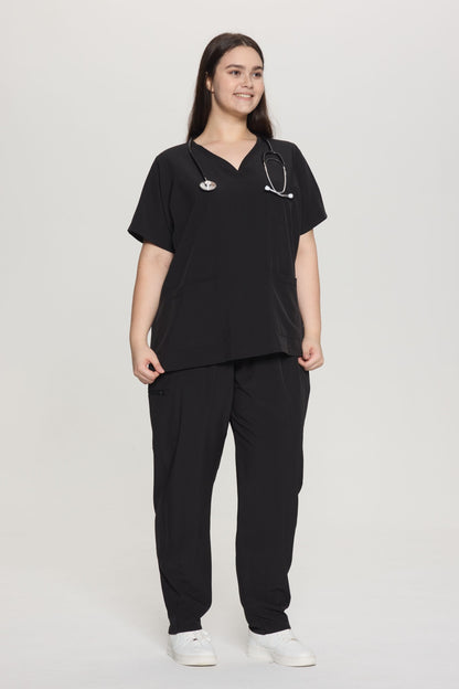 Women's Curved V-Neck 8-Pocket Jogger Scrub Set, Black, Model Front View