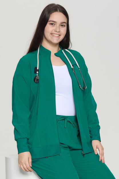 Women's Zip-Front Scrub Jacket, Hunter Green, Zip-Front Detail