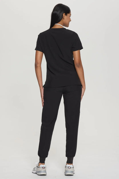 Women's 8-Pocket V-Neck Jogger Scrub Set, Black, Full-Length Back View
