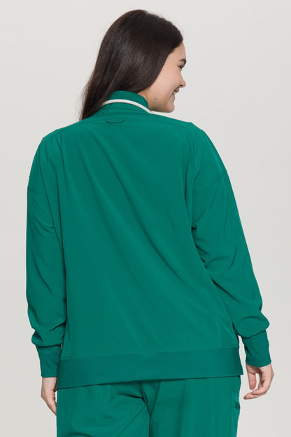 Women's Zip-Front Scrub Jacket, Hunter Green, Model Back View