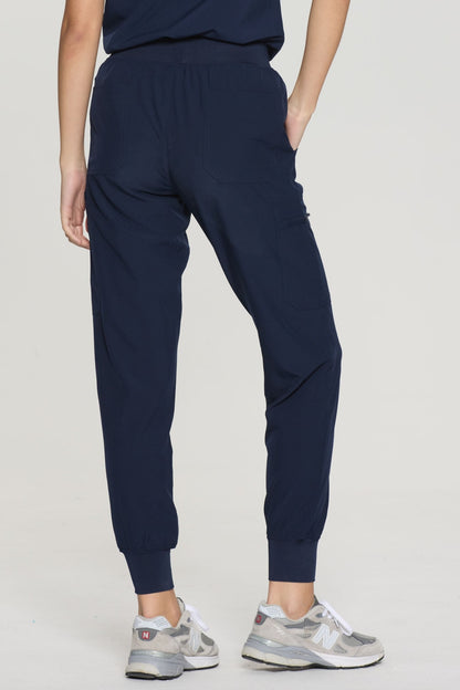 Women's 7-Pocket Cargo Scrub Pants, Navy Blue, Back View
