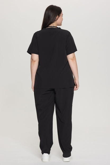 Women's Curved V-Neck 8-Pocket Jogger Scrub Set, Black, Full-Length Back View