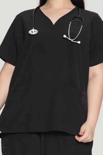 Women's Curved V-Neck 8-Pocket Jogger Scrub Set, Black, V-Neck Detail