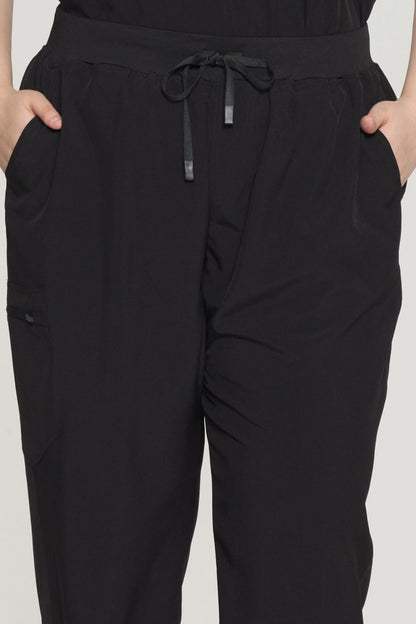 Women's Curved V-Neck 8-Pocket Jogger Scrub Set, Black, Waistband Detail