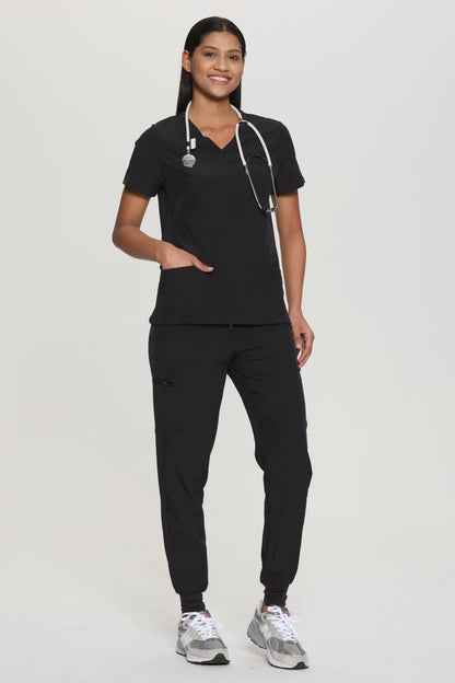Women's 8-Pocket V-Neck Jogger Scrub Set, Black, Model Front View
