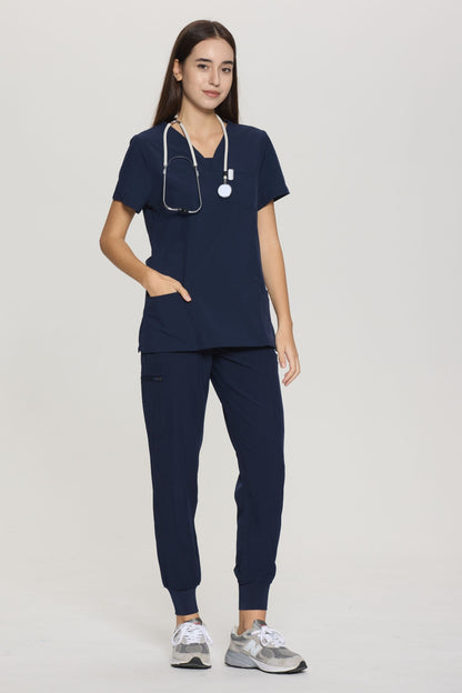 Women's 7-Pocket Cargo Scrub Pants, Navy Blue, Full-Length Front View