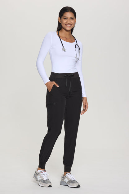 Women's Slim-Fit 5-Pocket Jogger Scrub Pants, Black, Full-Length Three-Quarter View