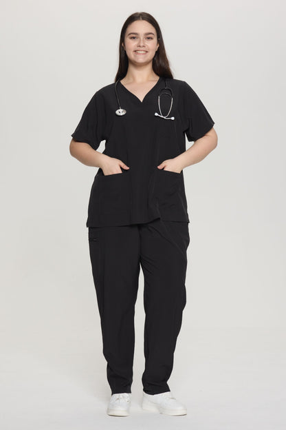 Women's Curved V-Neck 8-Pocket Jogger Scrub Set, Black, Model Front View