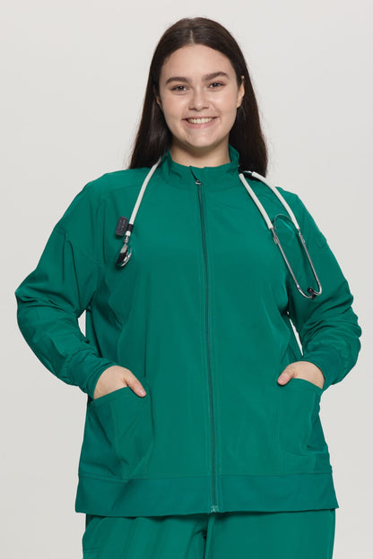 Women's Zip-Front Scrub Jacket, Hunter Green, Front View