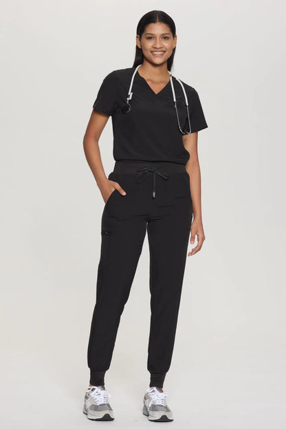 Women's 8-Pocket V-Neck Jogger Scrub Set, Black, Full-Length Front View