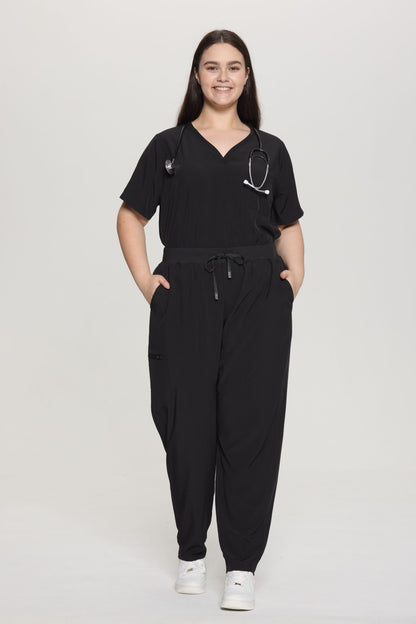 Women's Curved V-Neck 8-Pocket Jogger Scrub Set, Black, Full-Length Front View