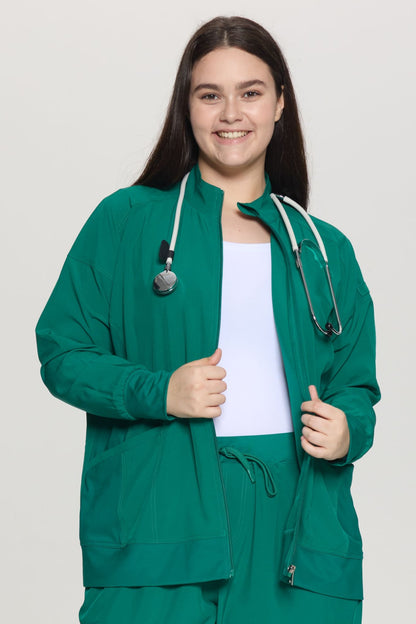 Women's Zip-Front Scrub Jacket, Hunter Green, Model Front View