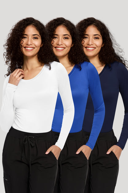 Women's 3-Pack Long-Sleeve Underscrub Tops, White, Royal Blue and Navy Blue, Model Front View