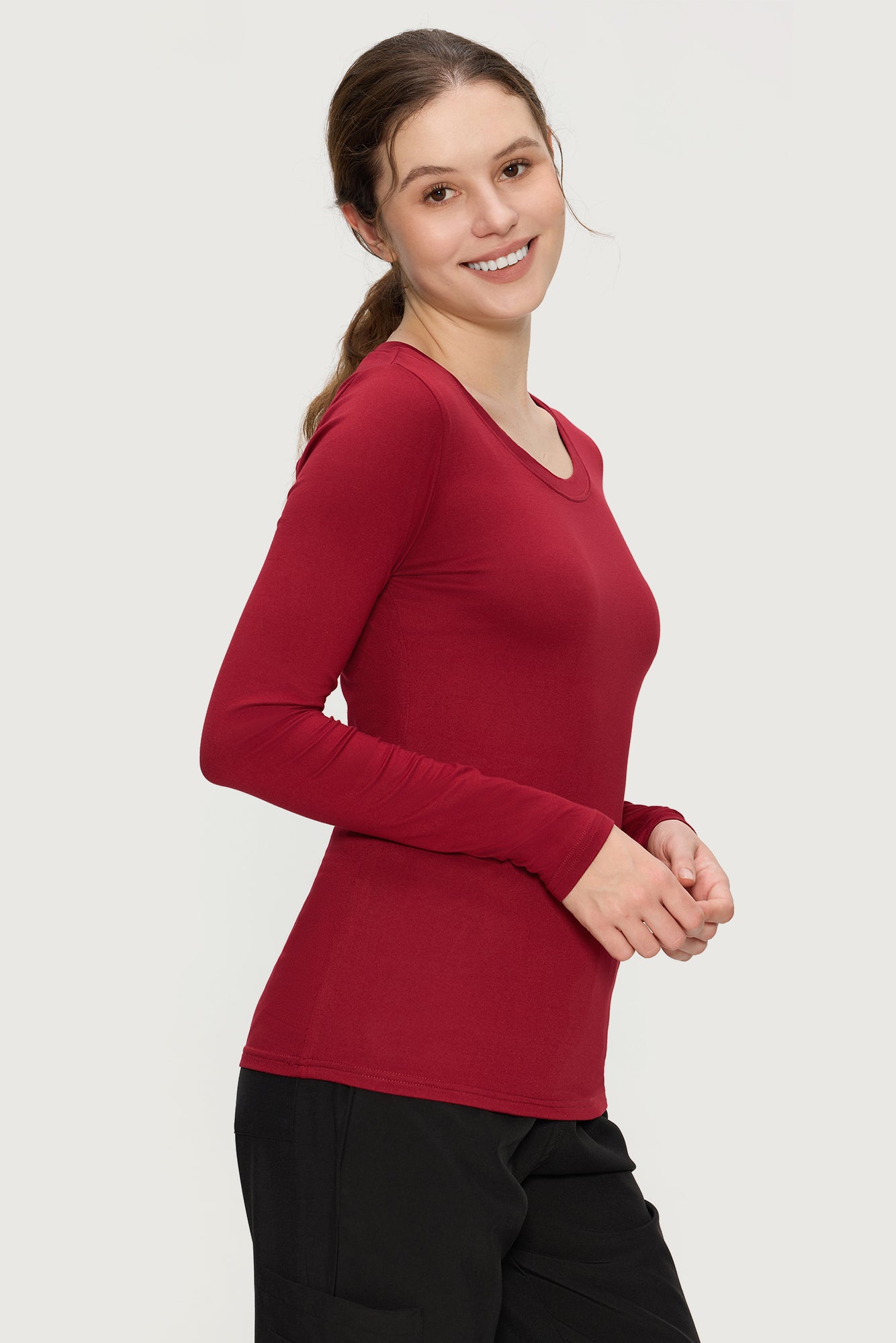 Underscrub Long Sleeve Women - Scoop Neck Scrubs Undershirt Soft Stretch Fitted Top