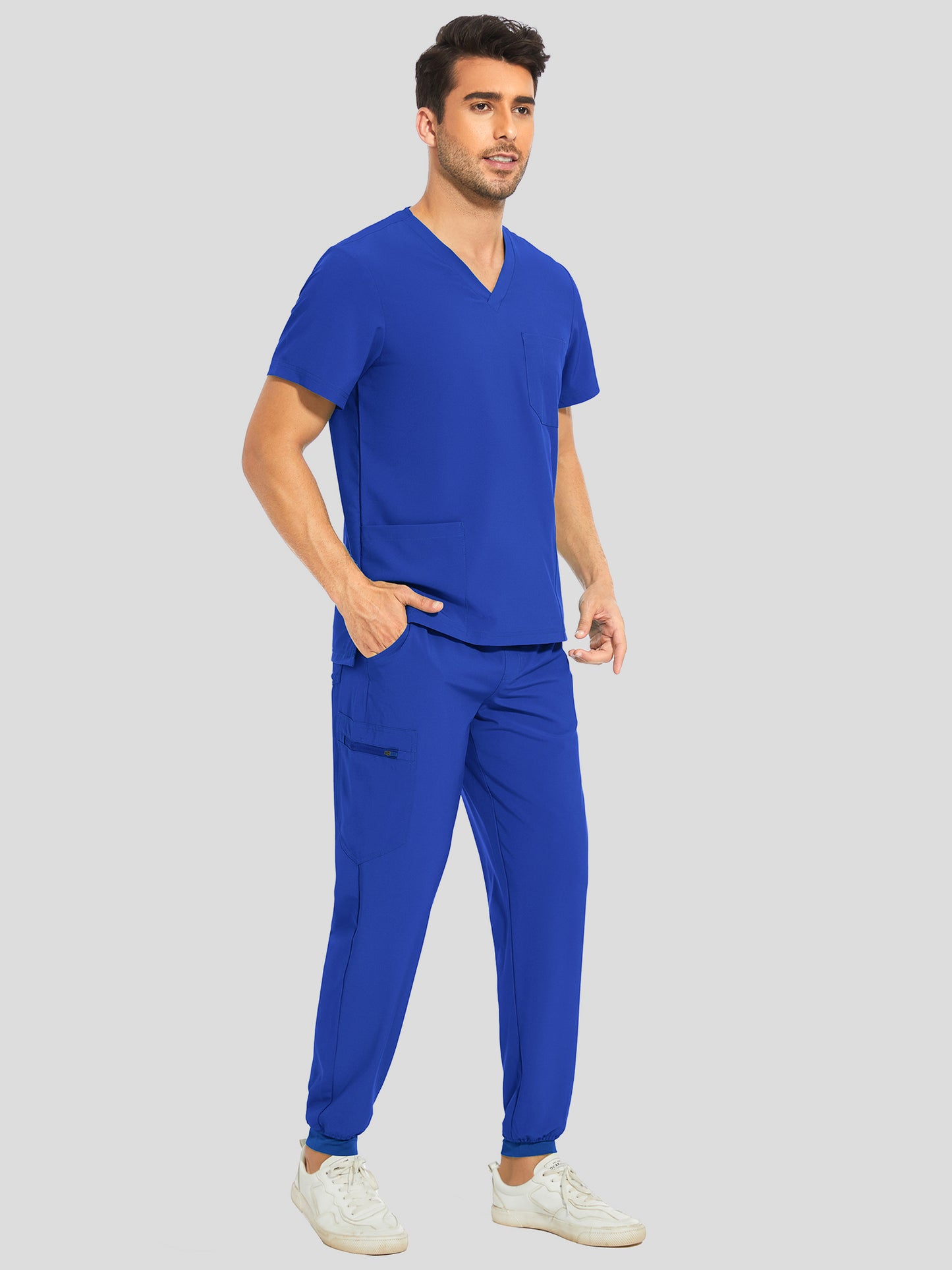 COZYFIT V-Neck Scrub Top & Jogger Pant with 8 Pockets, Yoga Waistband, Anti-Wrinkle Scrubs for Men
