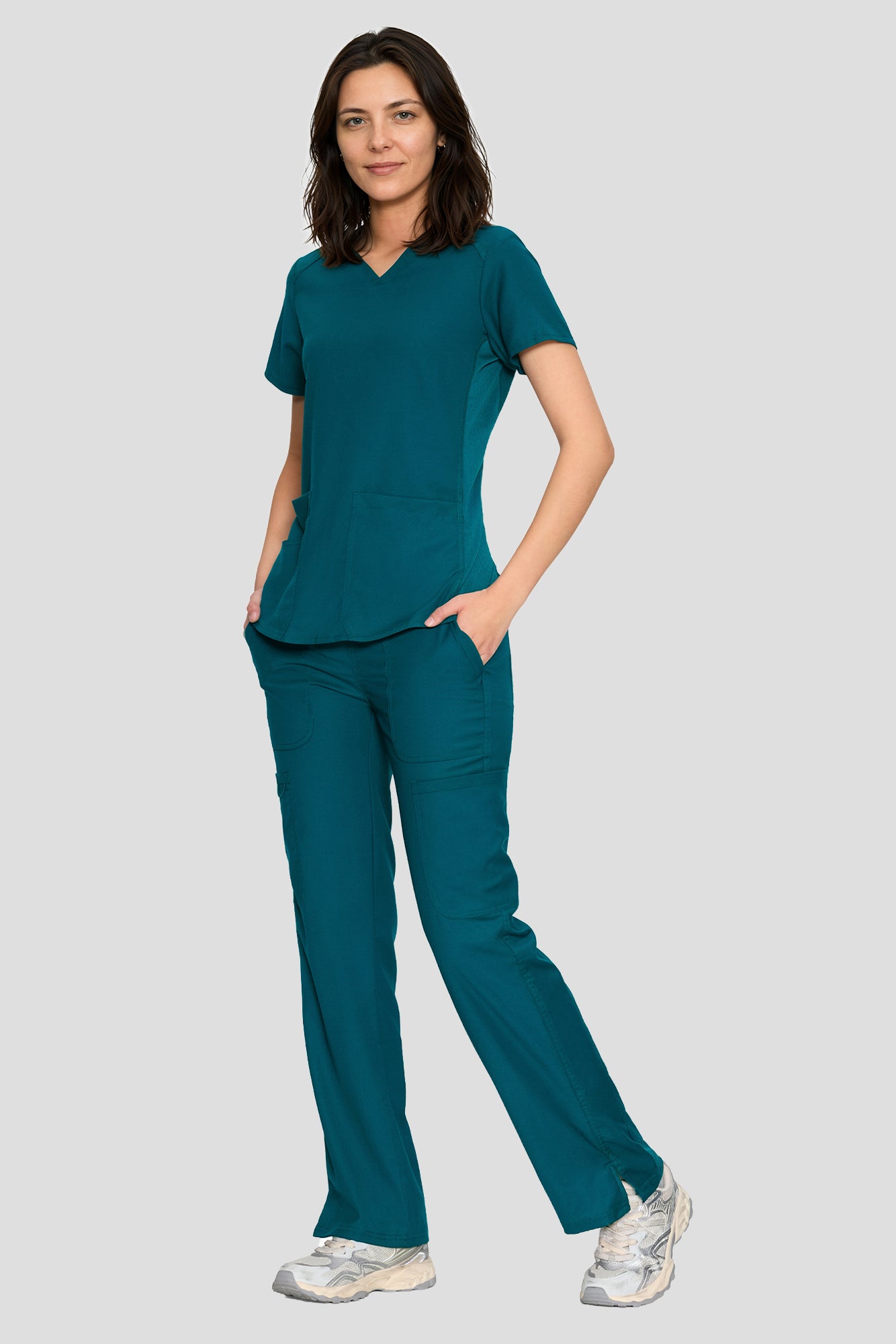 Scrubs for Women Set, V-Neck Top & Straight Leg Cargo Pants. 9 Pockets. Side Ribbed Panels, Side Slits, Ultra-Soft Stretch Fabric, Breathable Medical Uniform for Workwear