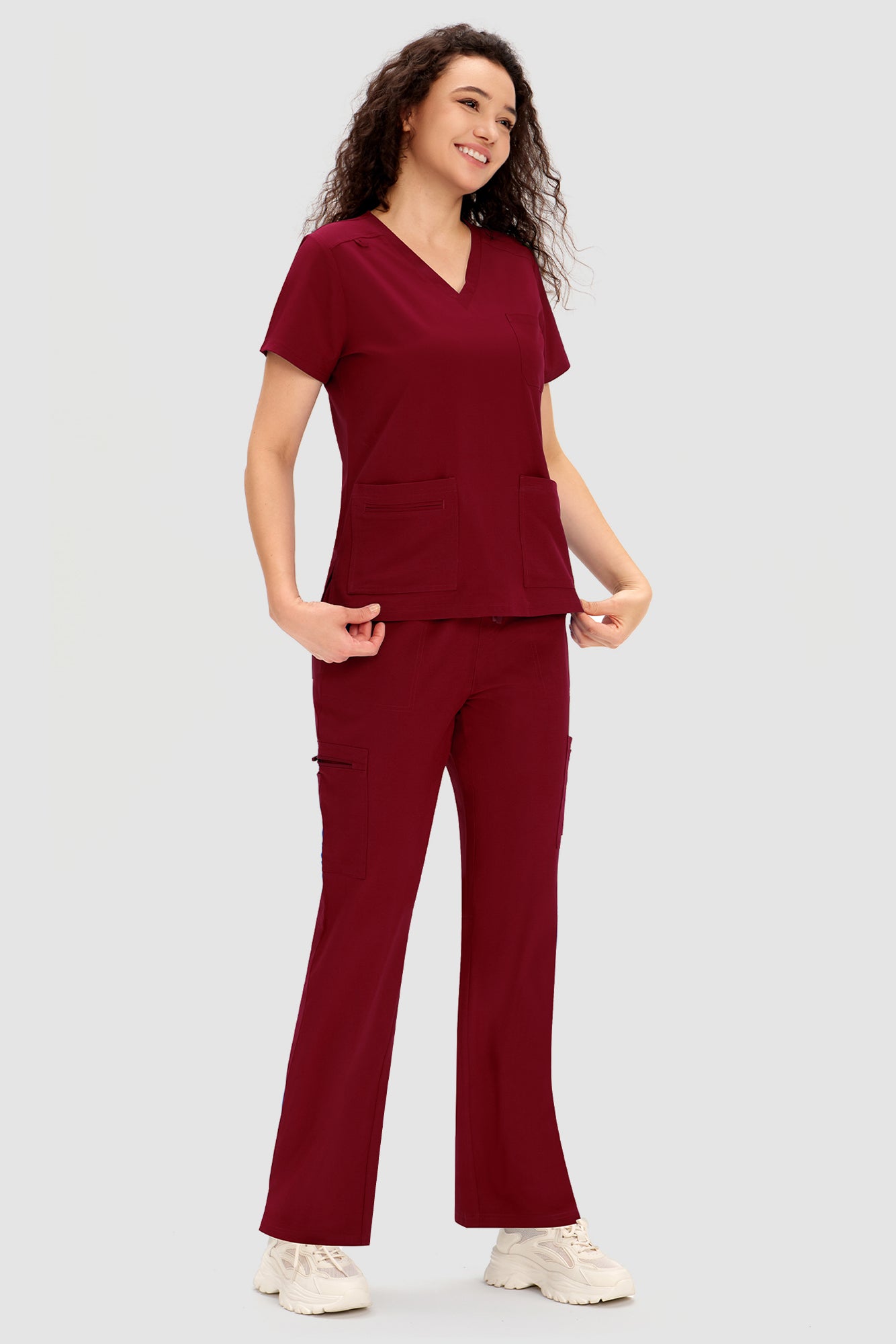 COZYFIT Scrubs for Women - V Neck Top and Bootcut Cargo Straight Pants with 12 Pockets