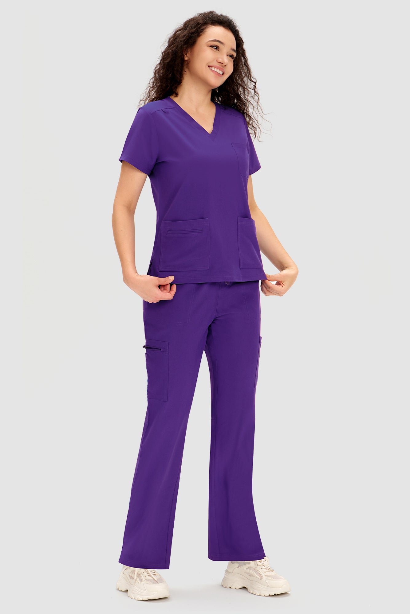 COZYFIT Scrubs for Women - V Neck Top and Bootcut Cargo Straight Pants with 12 Pockets