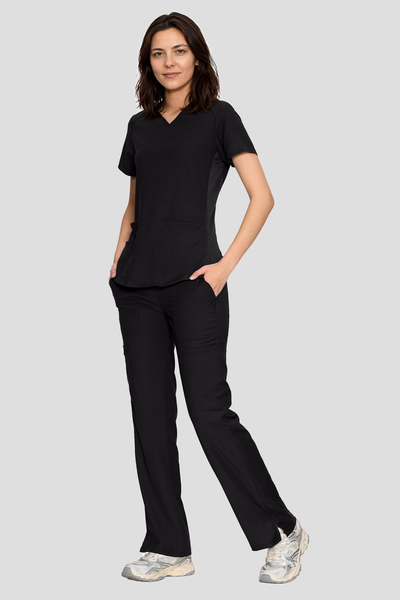 Scrubs for Women Set, V-Neck Top & Straight Leg Cargo Pants. 9 Pockets. Side Ribbed Panels, Side Slits, Ultra-Soft Stretch Fabric, Breathable Medical Uniform for Workwear