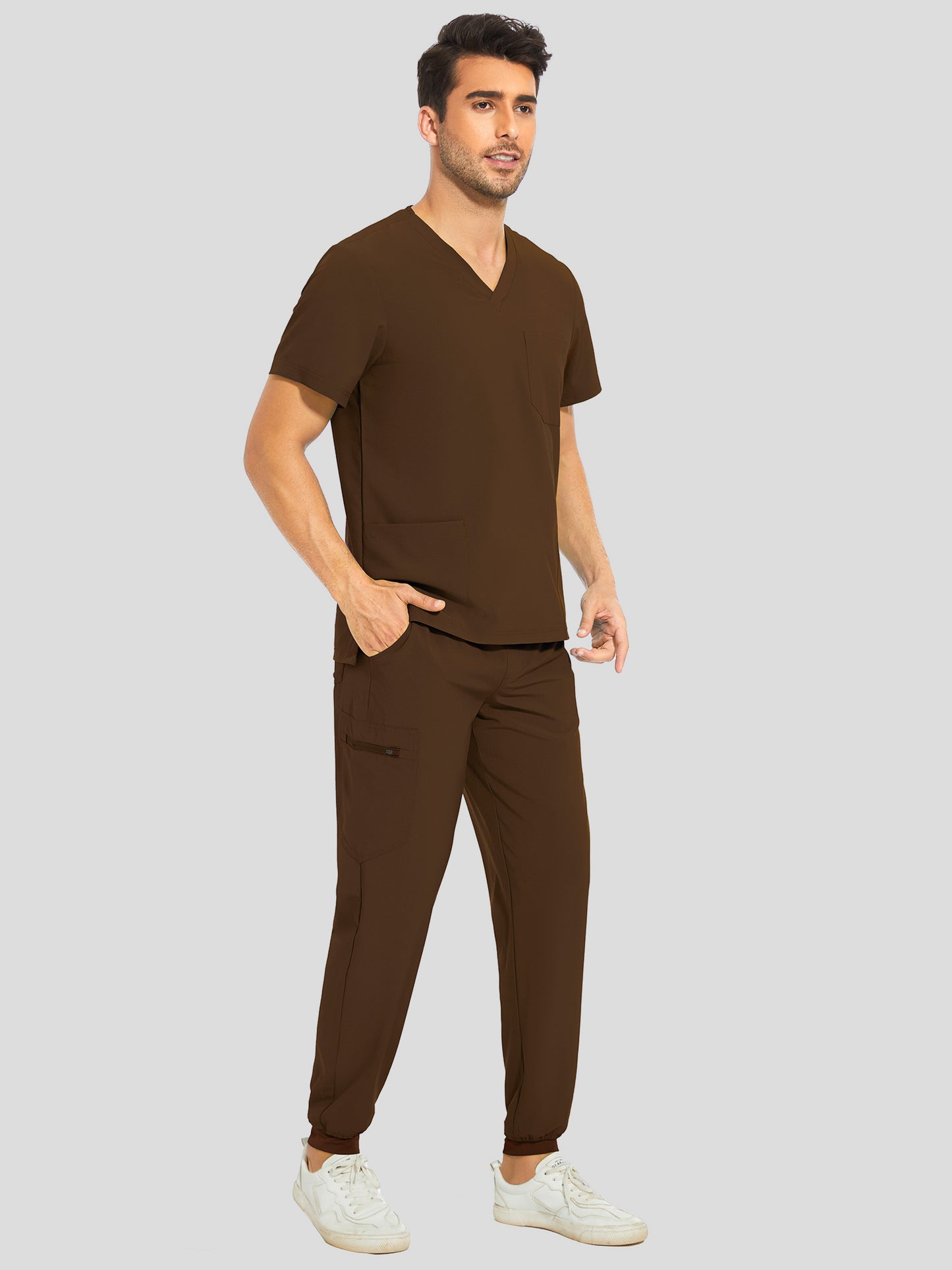 COZYFIT V-Neck Scrub Top & Jogger Pant with 8 Pockets, Yoga Waistband, Anti-Wrinkle Scrubs for Men