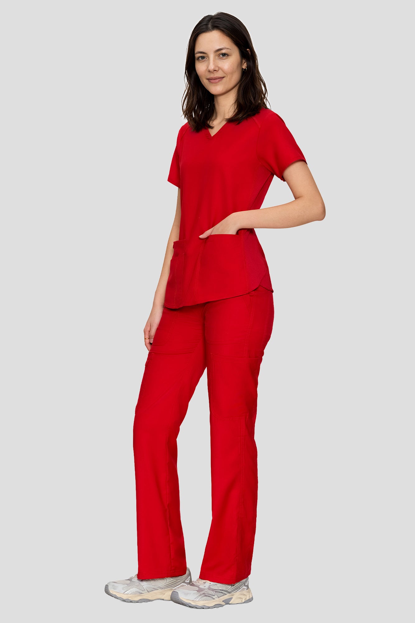 Scrubs for Women Set, V-Neck Top & Straight Leg Cargo Pants. 9 Pockets. Side Ribbed Panels, Side Slits, Ultra-Soft Stretch Fabric, Breathable Medical Uniform for Workwear
