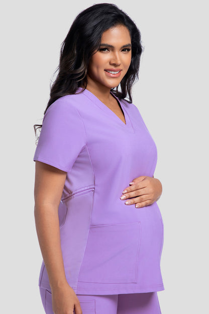 Women's Maternity V-Neck Scrub Top, Light Purple, Model Three-Quarter View