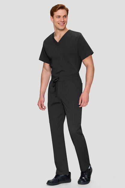 Men's 11-Pocket V-Neck Scrub Set, Black, Full-Length Front View