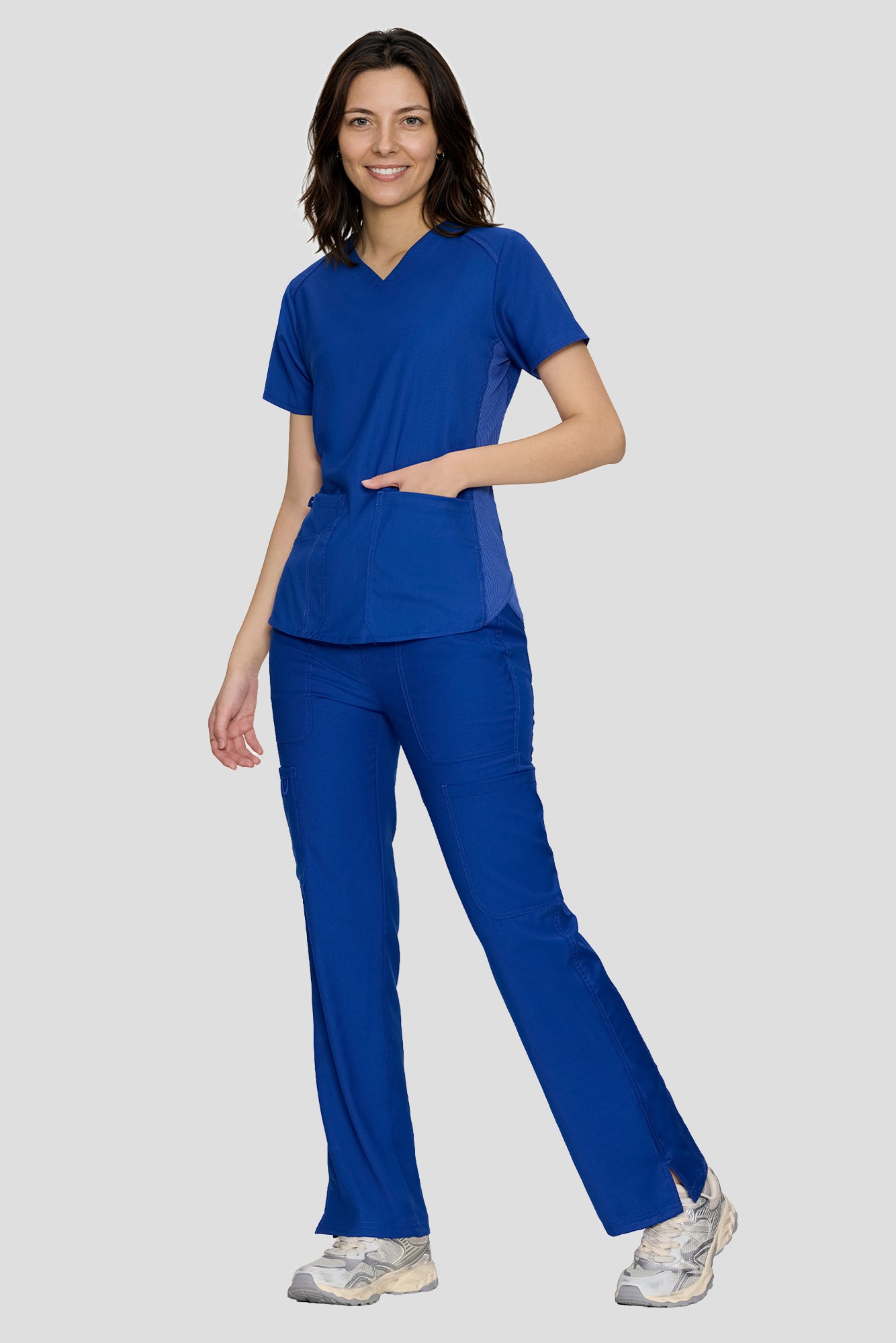 Scrubs for Women Set, V-Neck Top & Straight Leg Cargo Pants. 9 Pockets. Side Ribbed Panels, Side Slits, Ultra-Soft Stretch Fabric, Breathable Medical Uniform for Workwear