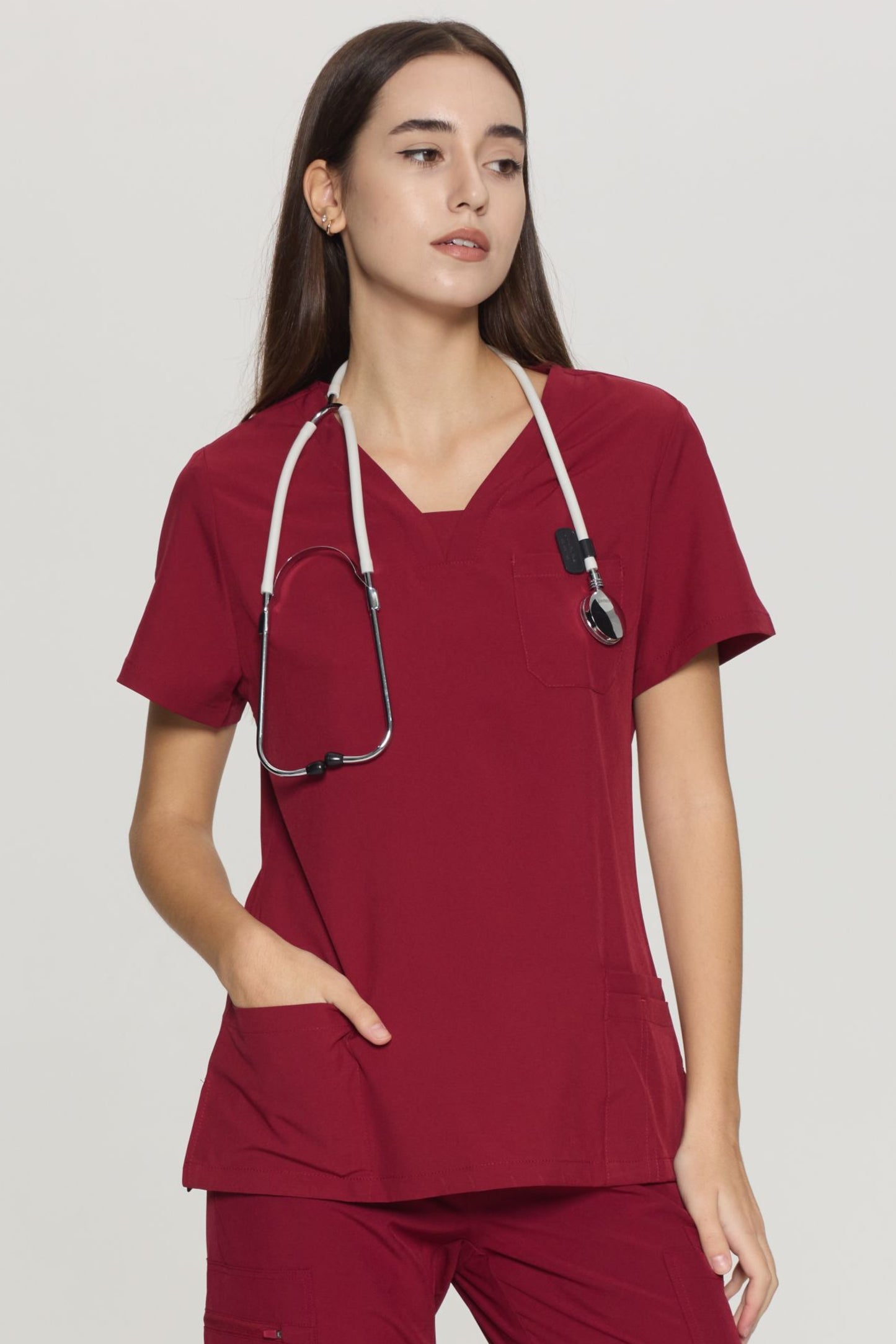 COZYFIT Slim Fit V-Neck Collar Patch Women Scrub Tops with 3 Pockets