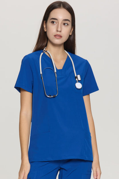 Women's Slim-Fit V-Neck Collar-Patch Scrub Top, Royal Blue, Collar Detail