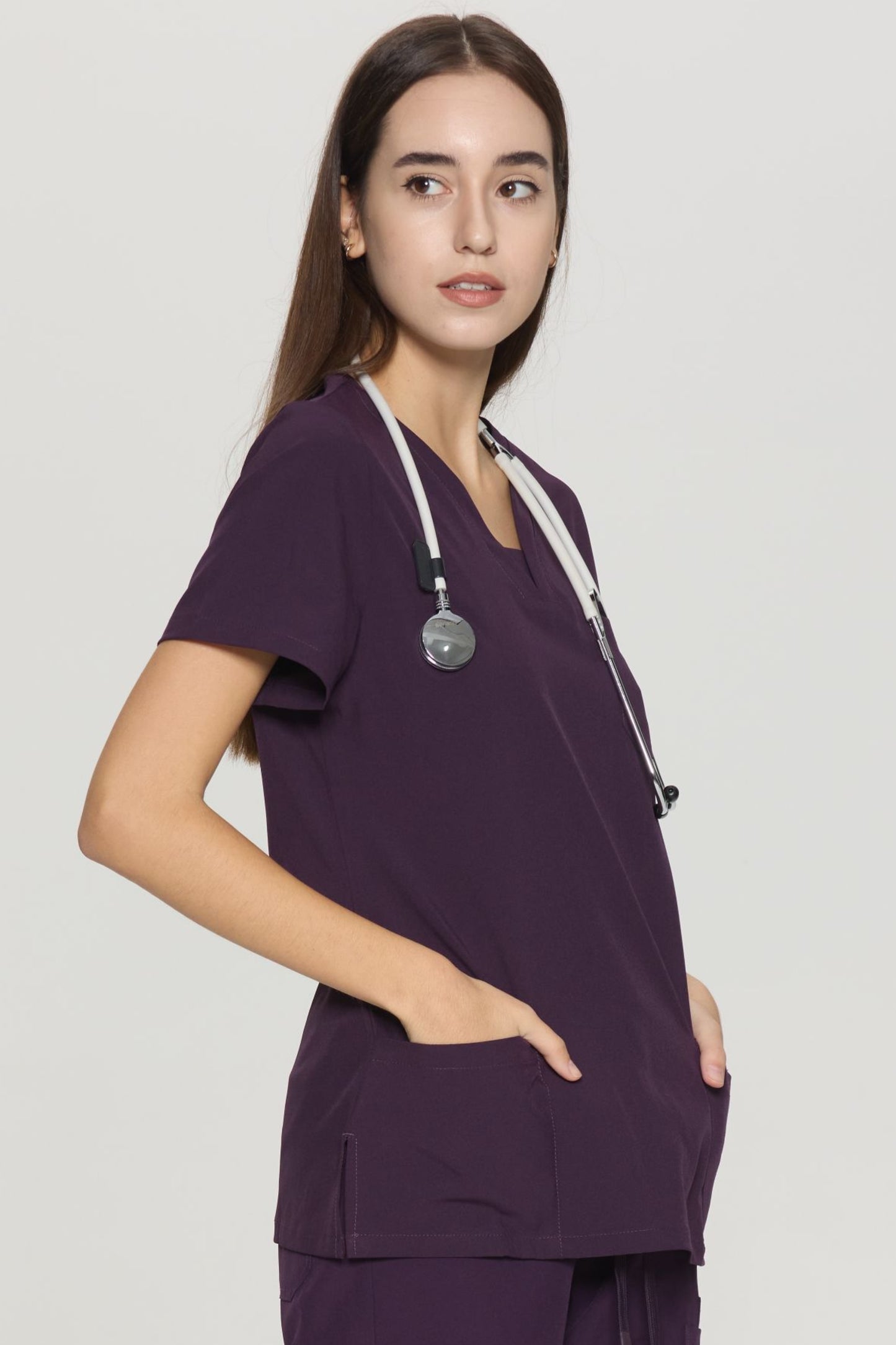 COZYFIT Slim Fit V-Neck Collar Patch Women Scrub Tops with 3 Pockets