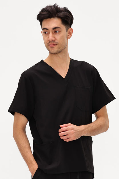 Men's 3-Pocket V-Neck Scrub Top, Black, Model Three-Quarter View