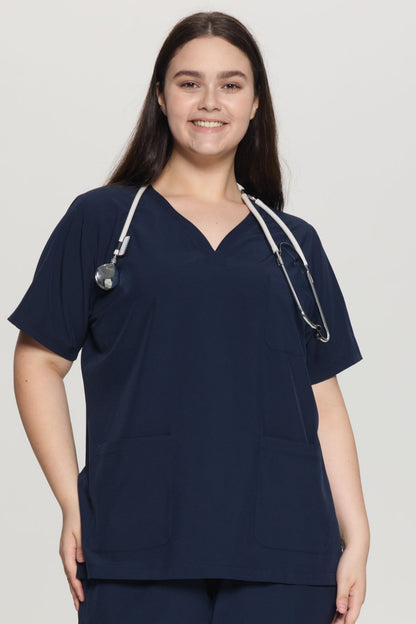 Women's Curved V-Neck 3-Pocket Scrub Top, Navy Blue, V-Neck Detail